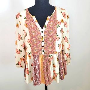 Blue Rain Shirt Top Womens Small S Flowy Floral Elastic Balloon Sleeve Peasant